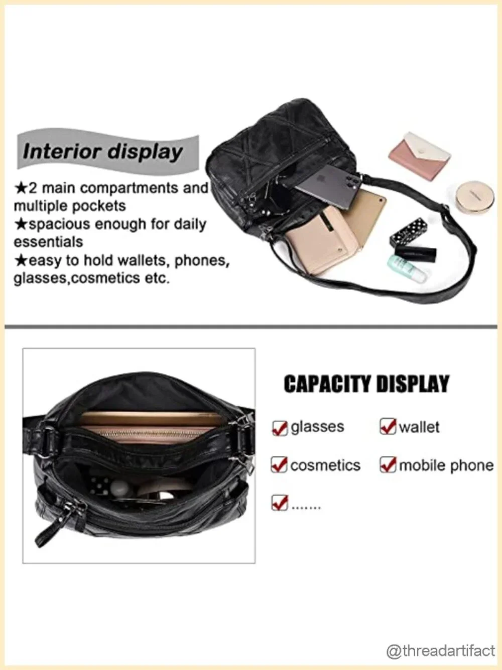 Small Crossbody Bag with Multiple Pockets Washed PU Leather Lightweight